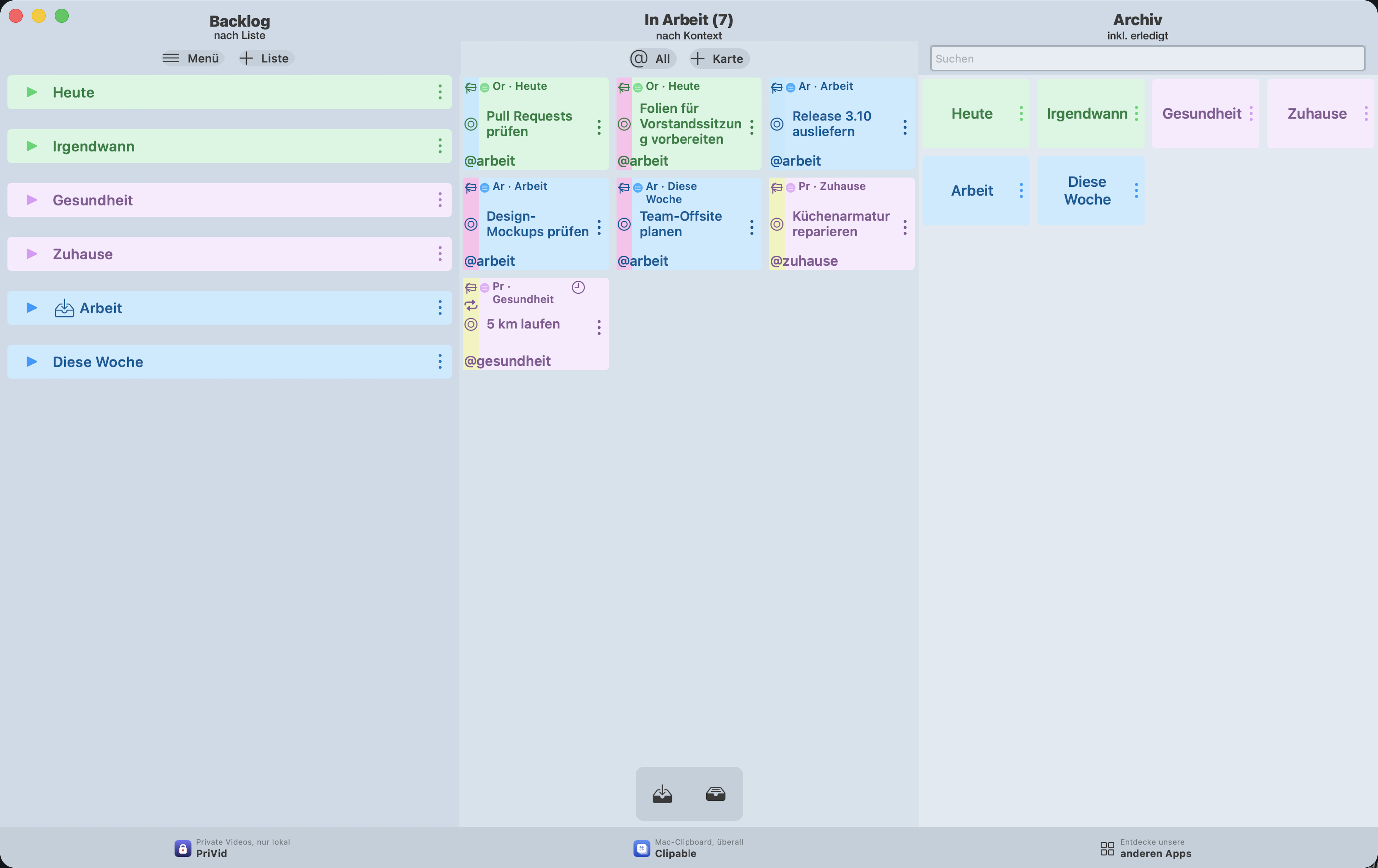 Die klassische Board-Oberfläche auf dem Mac, mit Beispieldaten.