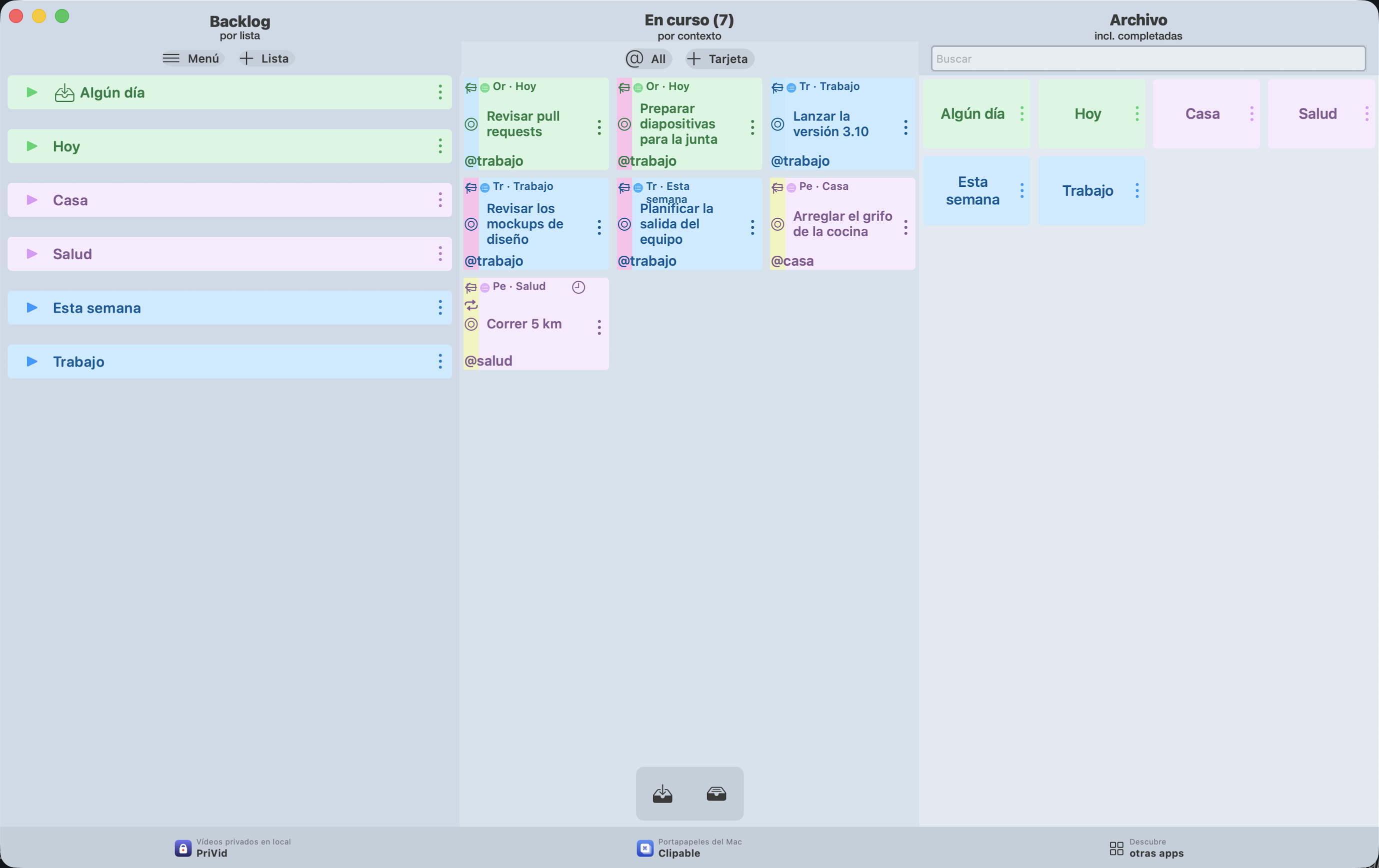 El tablero clásico en Mac, con tareas de ejemplo.