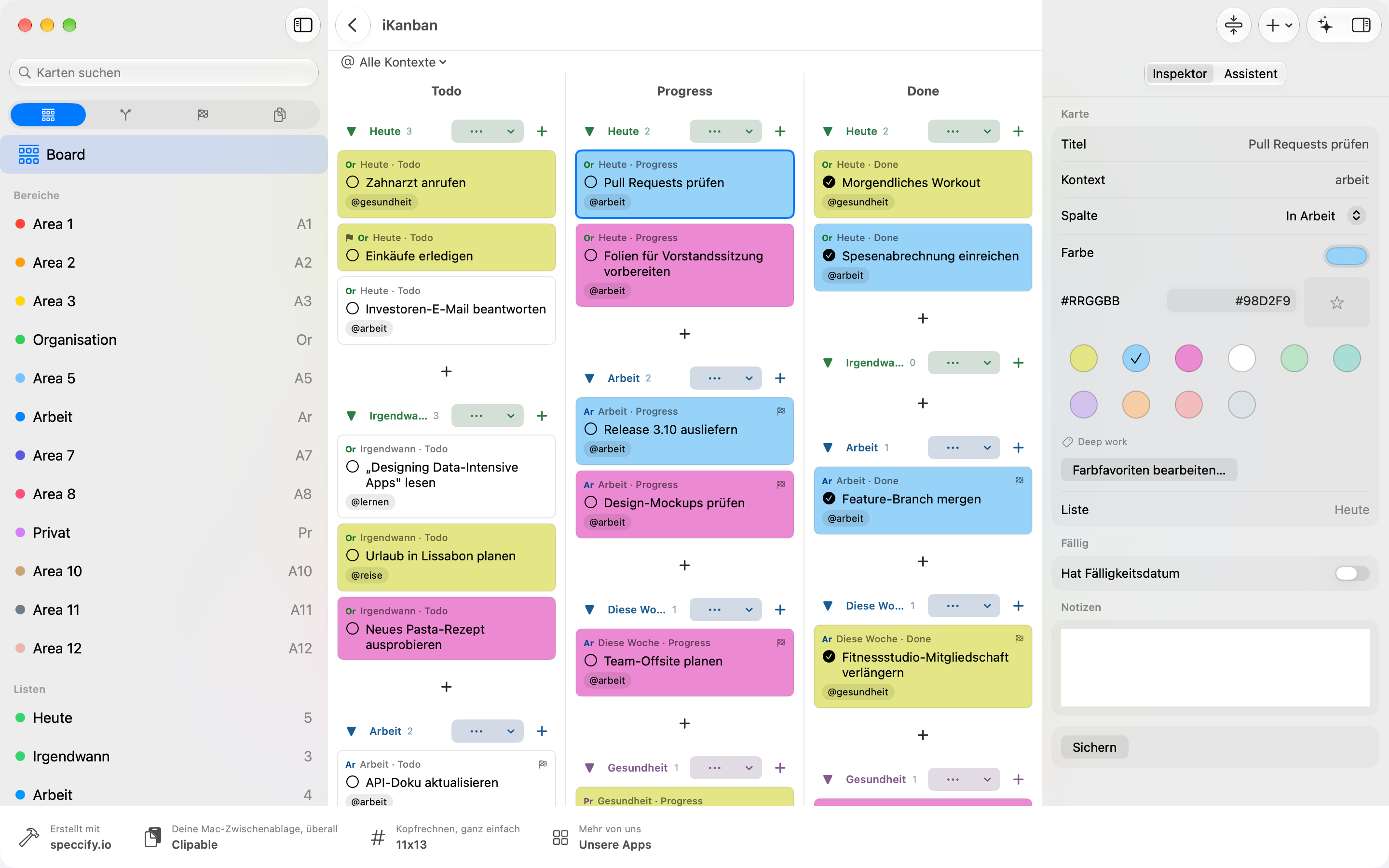 iKanban 4.0 auf dem Mac: Kanban-Workspace mit Seitenleiste, Board und Inspektor