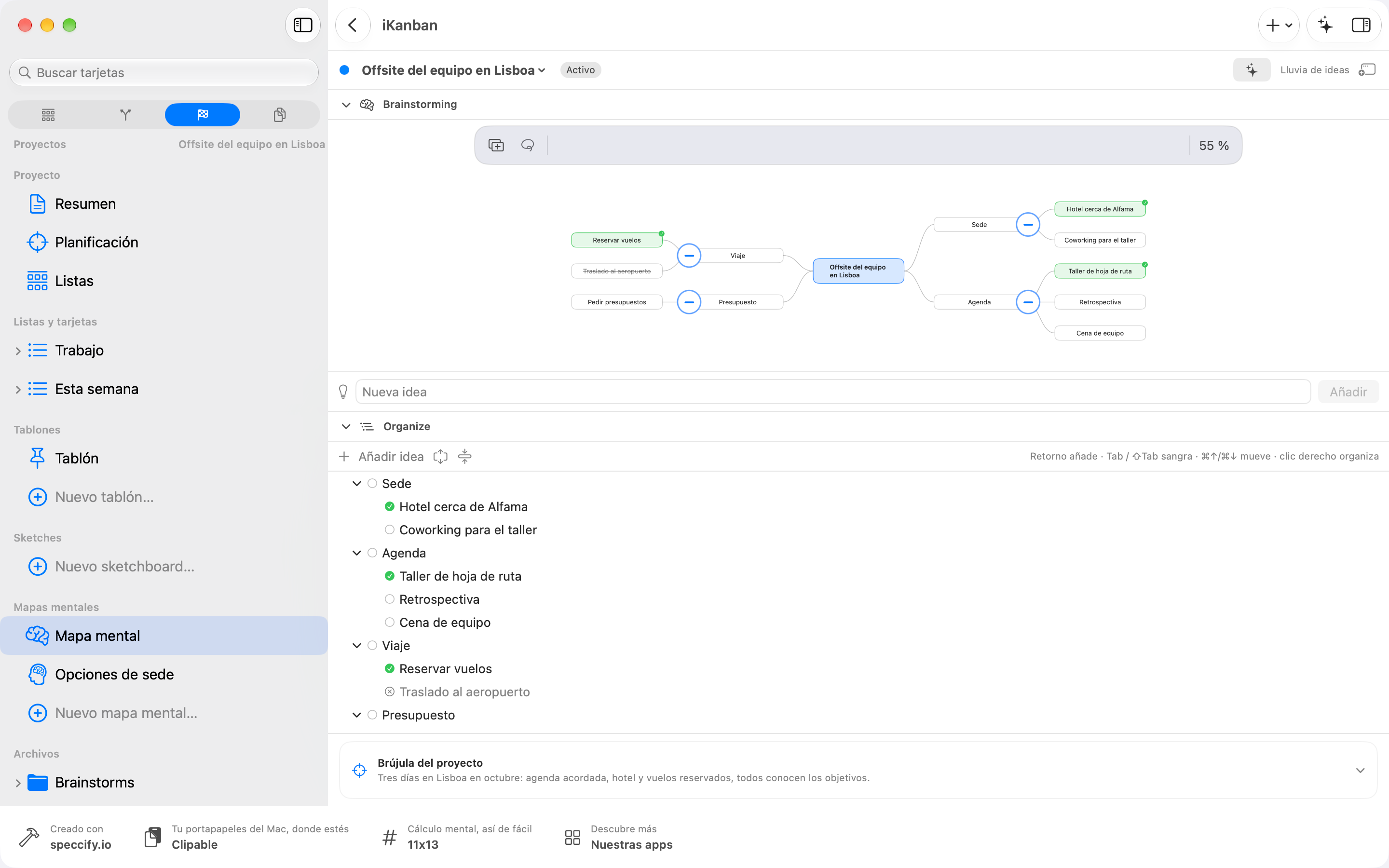 Ideas del proyecto en el mapa mental y el esquema en Mac.
