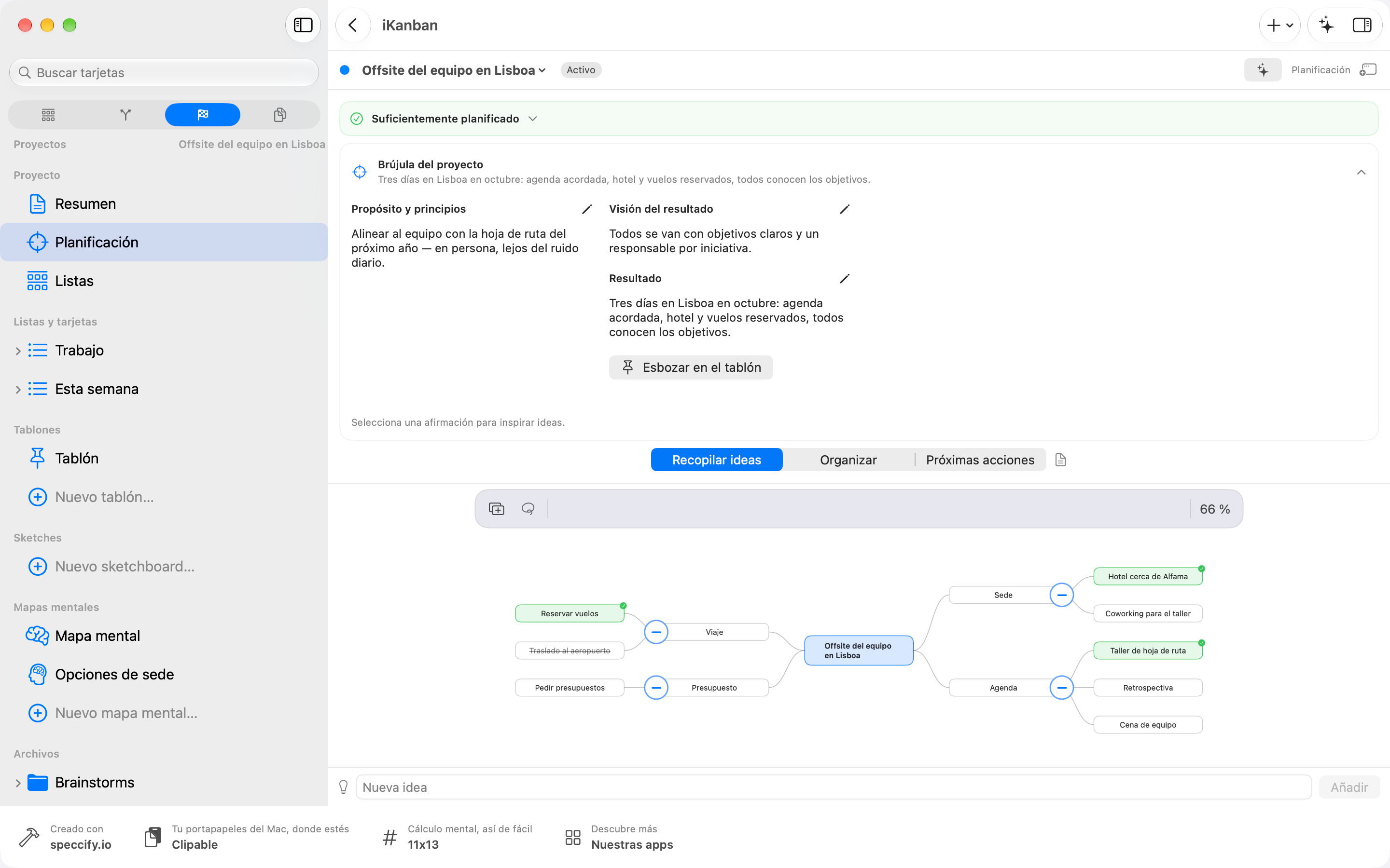 iKanban 4.0 en Mac: planificación con la Brújula del proyecto y un mapa mental