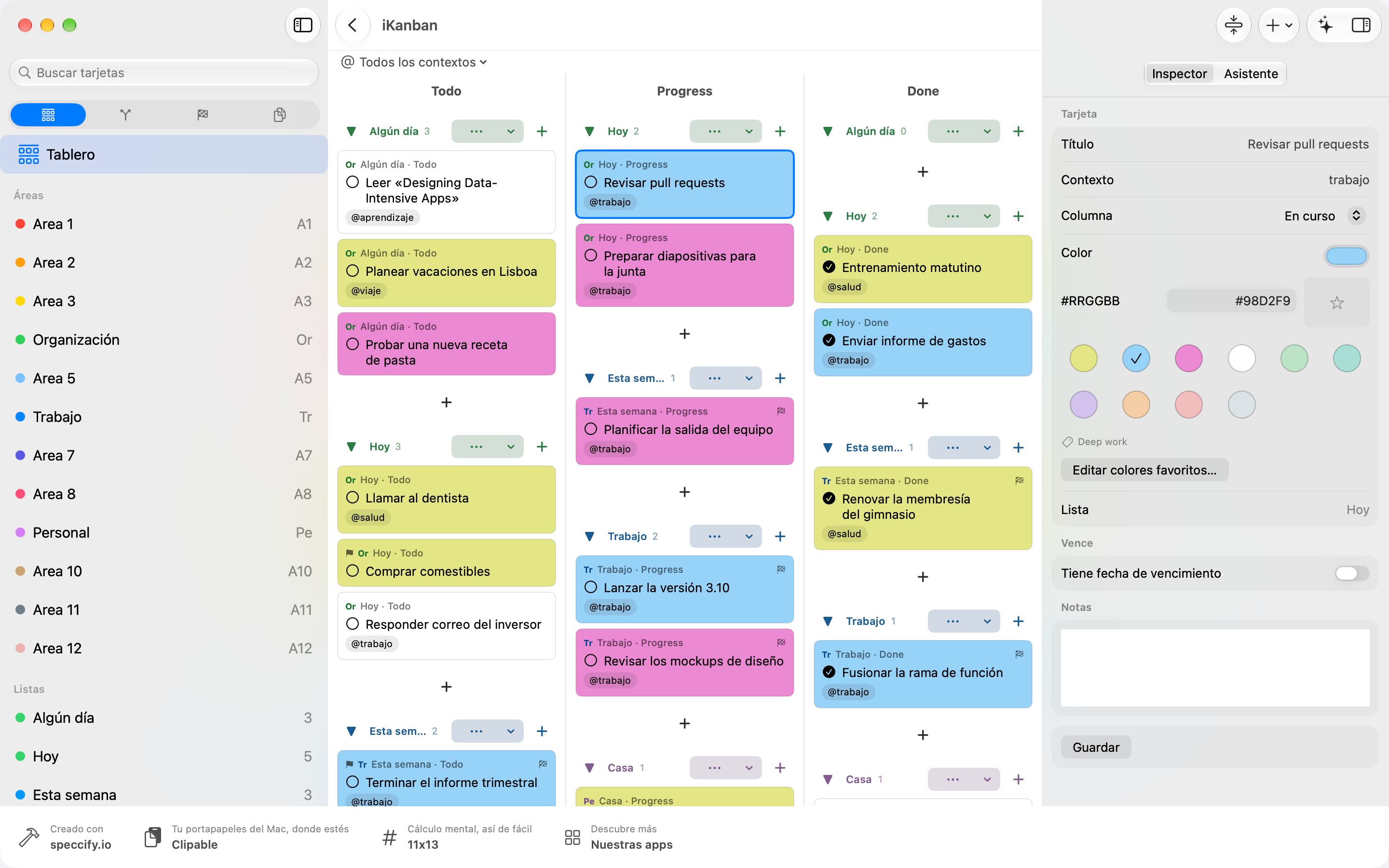 iKanban 4.0 en Mac: espacio de trabajo Kanban con barra lateral, tablero e inspector