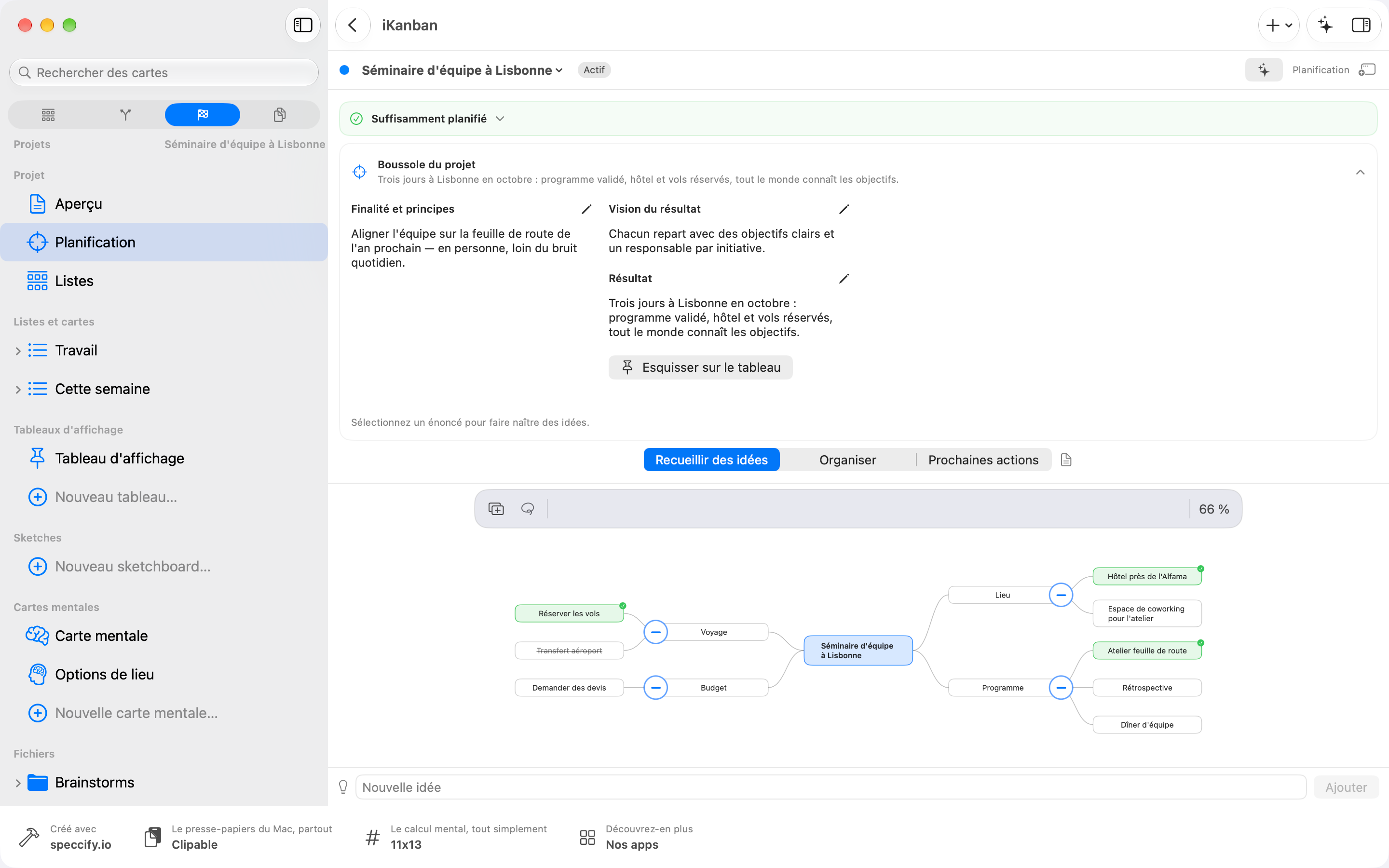 iKanban 4.0 sur Mac : planification avec la Boussole du projet et une carte mentale