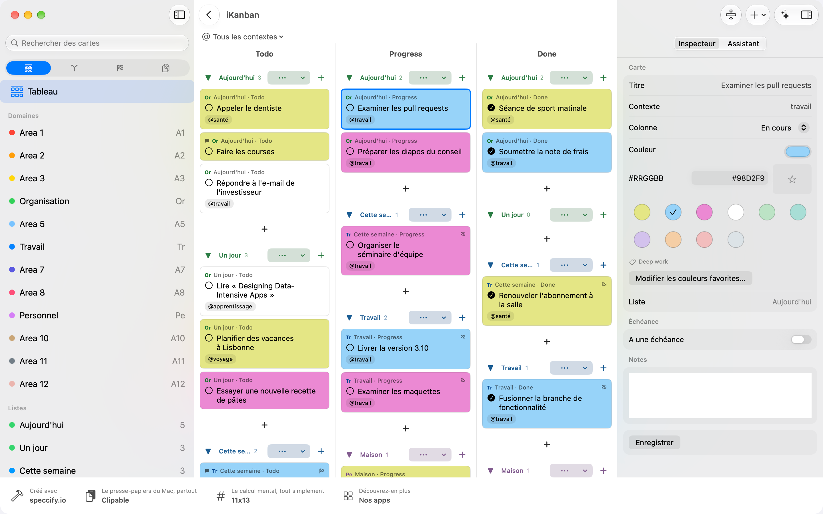 iKanban 4.0 sur Mac : espace Kanban avec barre latérale, tableau et inspecteur