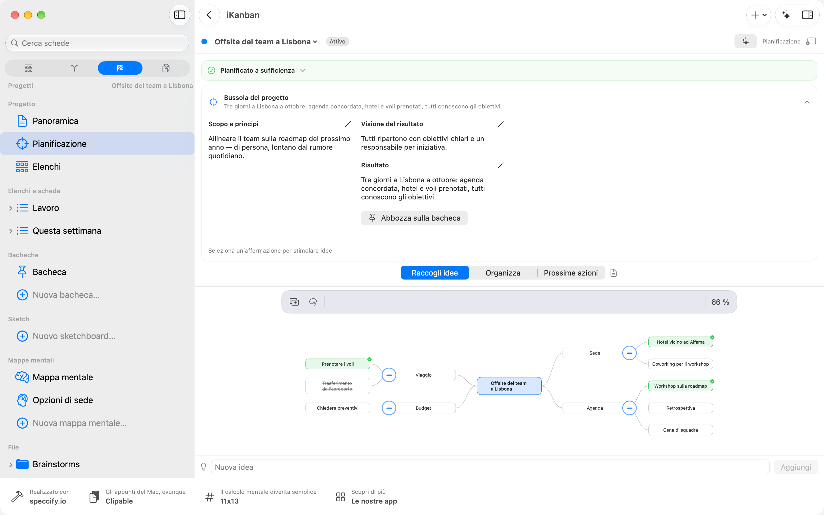 iKanban 4.0 su Mac: pianificazione con la Bussola del progetto e una mappa mentale