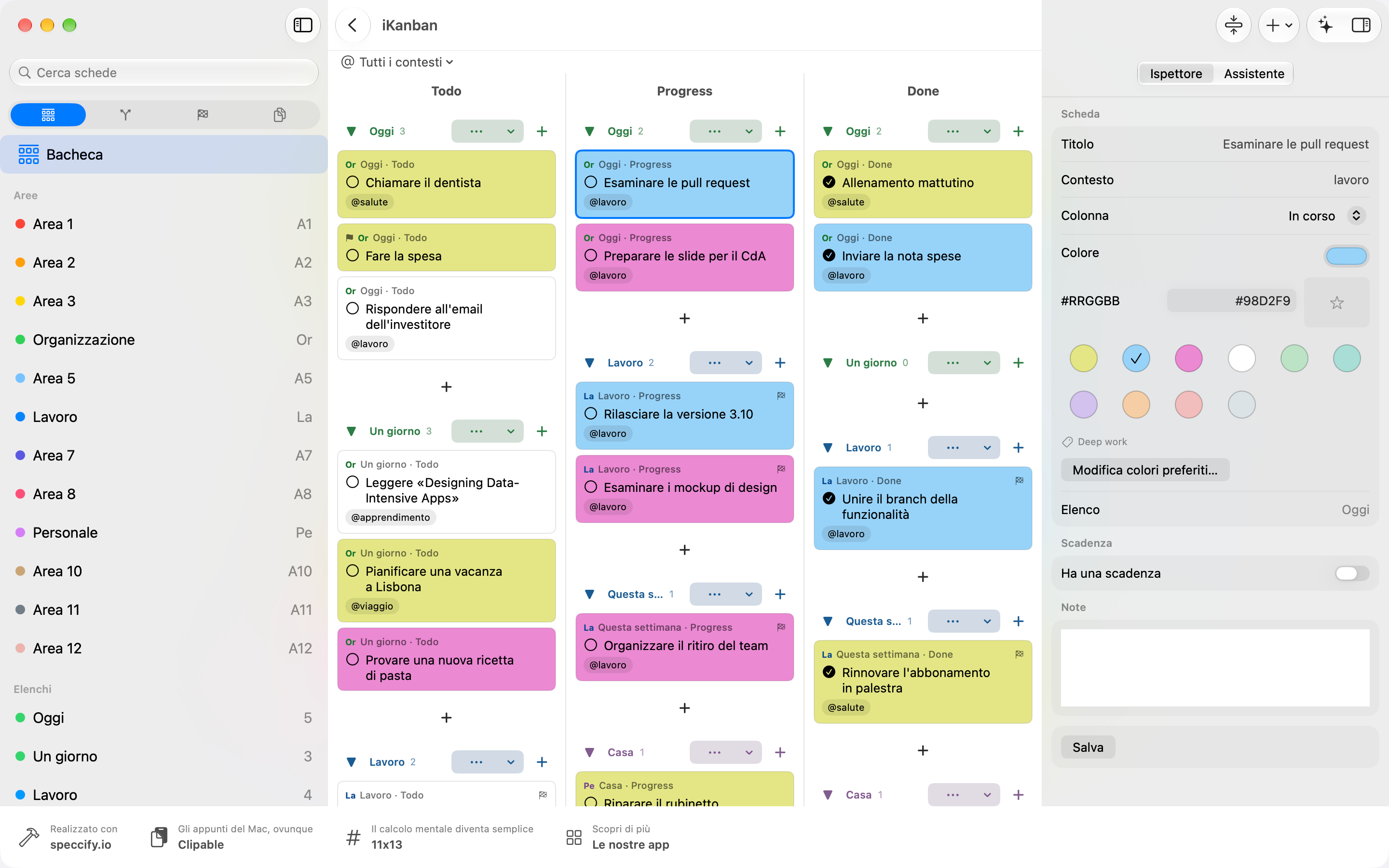 iKanban 4.0 su Mac: spazio Kanban con barra laterale, bacheca e ispettore